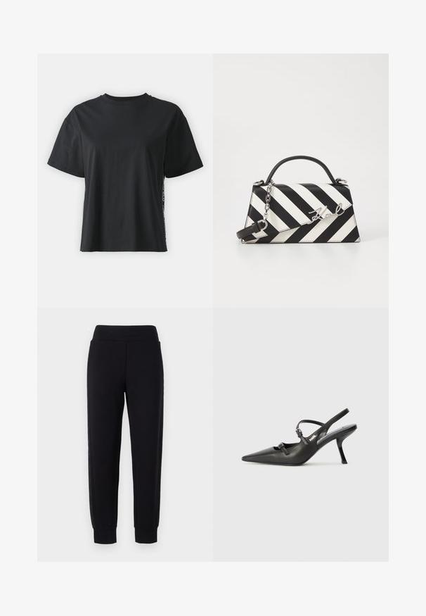 Schwarzes kurzärmliges Baumwoll-T-Shirt mit lockerer Passform und kontrastierendem Seitenpanel, das kleine Text- und Designdetails aufweist.; Schwarze Jogginghose mit schmal zulaufendem Bein, ausgestattet mit einem breiten, elastischen Bund und strukturierten Seiteneinsätzen. Hergestellt aus einem weichen, dehnbaren Material.; Schwarzlederne Slingback-Absätze mit spitzer Zehenform, schlankem Absatz und dekorativem Schnallendetail auf dem Blatt. Glatte Textur und elegantes Design.; Schwarz-weiße gestreifte Handtasche mit strukturierter Form, ausgestattet mit einem oberen Griff, einem abnehmbaren Kettenriemen und einem metallischen Logo-Detail.