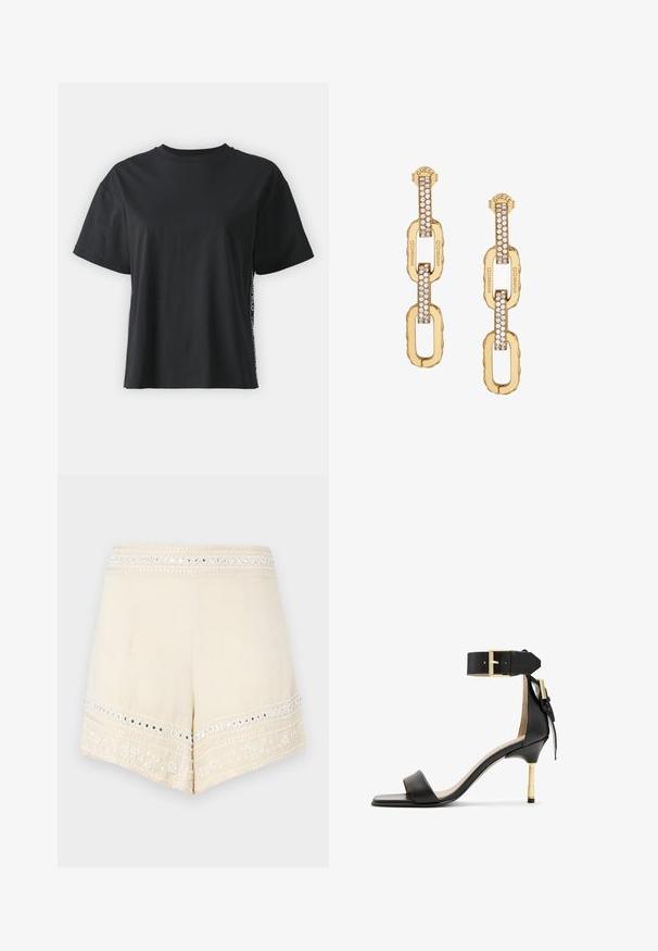 Juoda trumpomis rankovėmis medvilninė marškinėliai su laisvu siluetu ir kontrastine šonine juostele, kurioje yra mažas tekstas ir dizaino detalės.; Grietos spalvos šortai su išsiuvinėta juostele ir dekoratyviniais akcentais, su banguota apatine kraštine ir sudėtingais gėlių raštais.; Juodas odinis aukštakulnis šlepetės su kvadrato formos pirštu, kulkšnies dirželiu su auksiniu užsegimu ir liesu metaliniu kulnu. Lygus paviršius, minimalistinis dizainas.; Auksinės grandinėlės auskarai su aiškiais kristalais, puošiančiais dizainą, su įspaustu „GUESS“ ženklu ir lygiu paviršiumi.