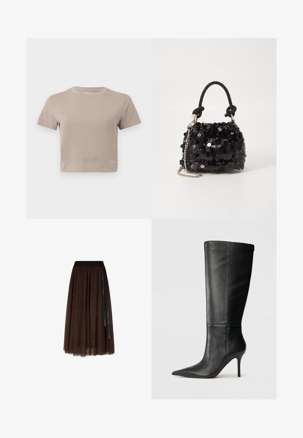 Taupe Kurzarm-T-Shirt mit Rundhalsausschnitt und kleinem Markenlogo nahe dem unteren Saum.; Brauner, midi-langer Tüllrock mit schwarzem elastischem Bund und langem schwarzen Band, das auf einer Seite herabhängt.; Schwarze Lederstiefel bis zum Knie mit spitzem Zehenbereich und schlankem Stiletto-Absatz, glatte Textur, Seitenansicht auf neutralem Hintergrund.; Schwarze Pailletten-Mini-Handtasche mit einem geknoteten, strukturierten Tragegurt und einer silbernen Kette. Abgerundete Form mit gerafftem oberen Teil und reflektierenden Details.