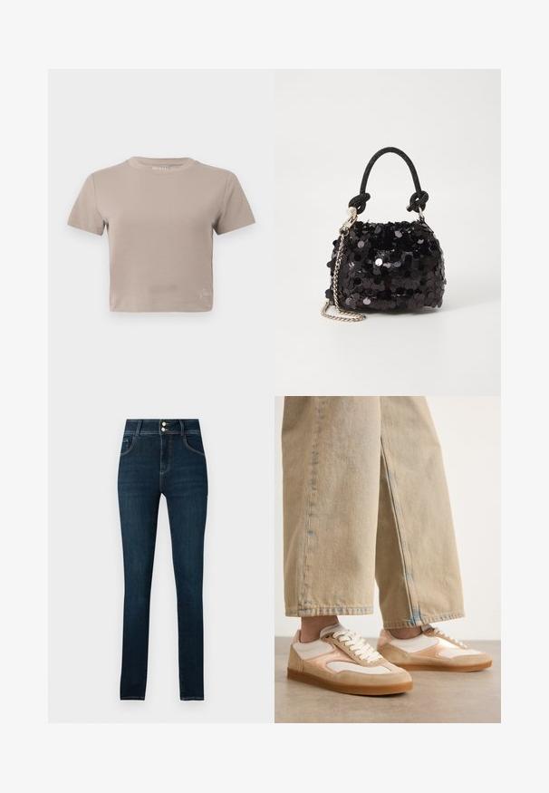T-shirt taupe cropped com mangas curtas, decote redondo e pequeno detalhe de marca perto da bainha inferior.; Jeans skinny azul escuro com cinco bolsos, fecho de zip e botão, e costura em contraste, feitos de tecido de denim.; Tênis em tons de bege e creme com um design em camurça e malha, apresentando um fecho com atacadores e solas de borracha, combinados com jeans amplos em tom de bege.; Mala mini preta de lantejoulas com uma alça texturizada em nó e corrente prateada. Forma arredondada com parte superior pregueada e detalhes reflexivos.