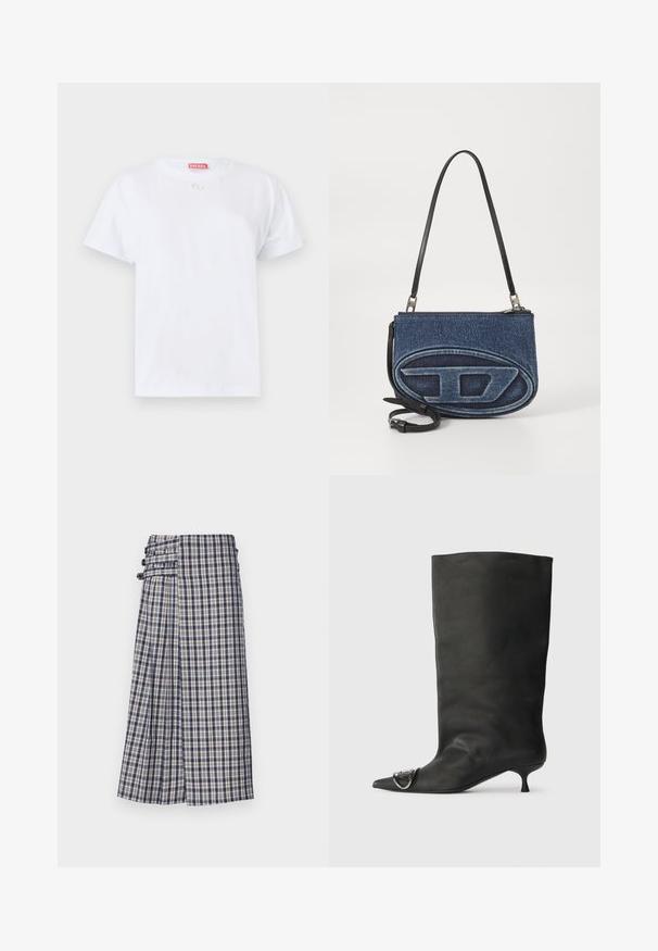 Balta medvilnė marškinėliai trumpomis rankovėmis, su apvaliu kaklu ir mažu logotipu ant krūtinės. Paprastas dizainas, lygi tekstūra ir tiesi apačia.; Kelio ilgio, klostuotas sijonas mėlynai-kremo spalvotais langučiais, su šoniniu užsegimu ir kilpelių detale. Pagamintas iš lengvo audinio.; Juodas odinis kulkšninis batas su smailiu pirštu, maža pakulne ir metaline akcentu ant piršto. Lygus, matinio paviršiaus tekstūra visame batus.; Džinsinis per petį dėklas su juoda odine dirželiu, ovalo formos logotipas priekyje ir užtrauktuku viršuje. Su tekstūruota danga.