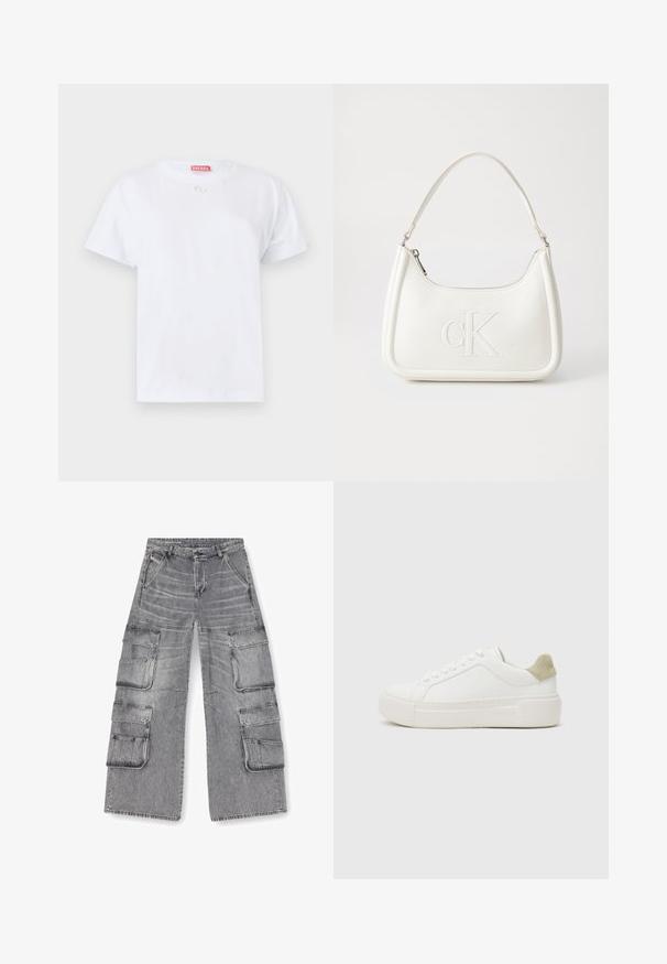 Λευκό βαμβακερό t-shirt με κοντά μανίκια, στρογγυλή λαιμόκοψη και ένα μικρό λογότυπο στο στήθος. Απλός σχεδιασμός, ομαλή υφή και ευθεία ραφή.; Γκρι τζιν cargo παντελόνι με φαρδιές γραμμές, πολλαπλές πλαϊνές τσέπες και ορατές ραφές. Διαθέτει ξεθωριασμένο φινίρισμα και κούμπωμα με κουμπί.; Λευκό αθλητικό παπούτσι με επάνω μέρος από λείο δέρμα, ελαφρώς γκρι σουέτ λεπτομέρεια στη φτέρνα και χοντρή λευκή καουτσούκ σόλα. Διαθέτει σχέδιο με κορδόνια.; Λευκή δερμάτινη τσάντα χειρός με καμπυλωτό σχήμα, διαθέτει ανάγλυφο λογότυπο "CK" μπροστά και μία ενιαία λαβή ώμου. Κλείσιμο με φερμουάρ στην κορυφή.
