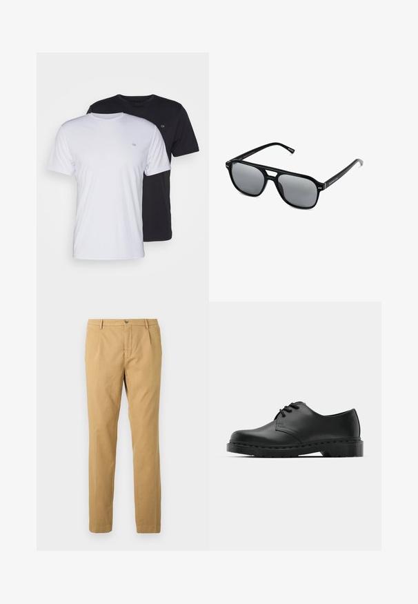 Deux t-shirts en coton, un blanc et un noir, à manches courtes avec un col rond, ornés d'un petit logo sur la poitrine, texture lisse.; Pantalons en coton beige avec une coupe droite, dotés d'une fermeture éclair et d'un bouton, ainsi que de poches à l'avant et à l'arrière.; Chaussure oxford en cuir noir avec un design à lacets, bout rond, semelle en caoutchouc plate et détails de surpiqûre discrets le long du dessus.; Lunettes de soleil noires avec des montures rectangulaires, des verres teintés gris et un design avec découpes au niveau du pont. Matériau plastique lisse et brillant, avec des branches étroites.