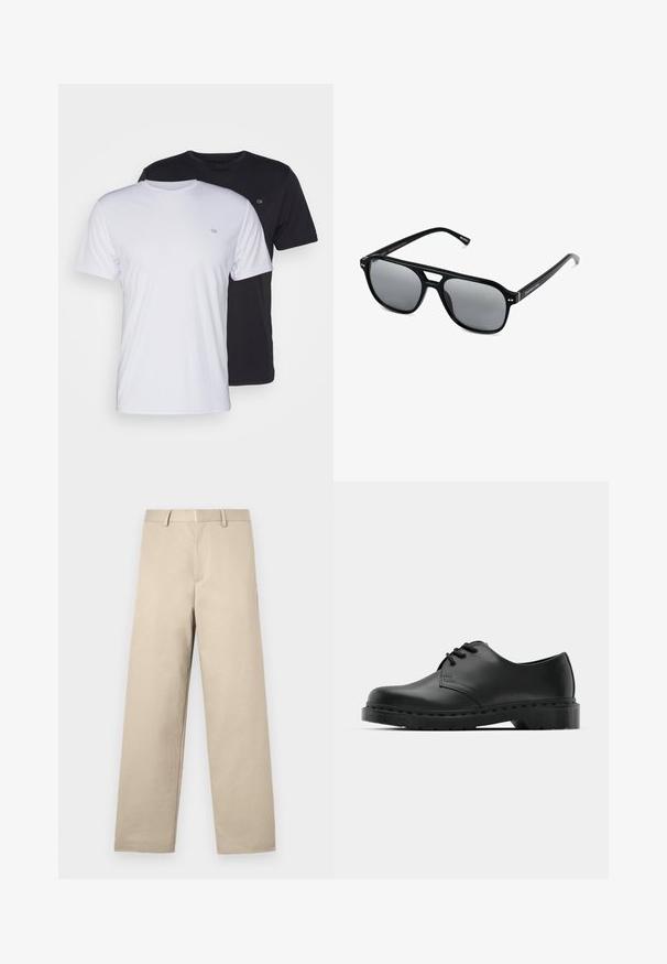 Dvé bavlněné trička, jedno bílé a jedno černé, s krátkým rukávem a kulatým výstřihem, s malým logem na hrudi, hladká textura.; Béžové kalhoty se střihém rovného nohavice, plochým předním dílem, dvěma bočními kapsami a zapínáním na zip. Vyrobené z hladké bavlněné tkaniny.; Černé kožené oxfordy s šněrováním, zakulacenou špičkou, plochou gumovou podrážkou a jemným prošíváním podél svršku.; Černé sluneční brýle s obdélníkovými rámy, šedými tónovanými skly a designem s výřezem ve střední části. Hladký, lesklý plastový materiál, s úzkými stranami.