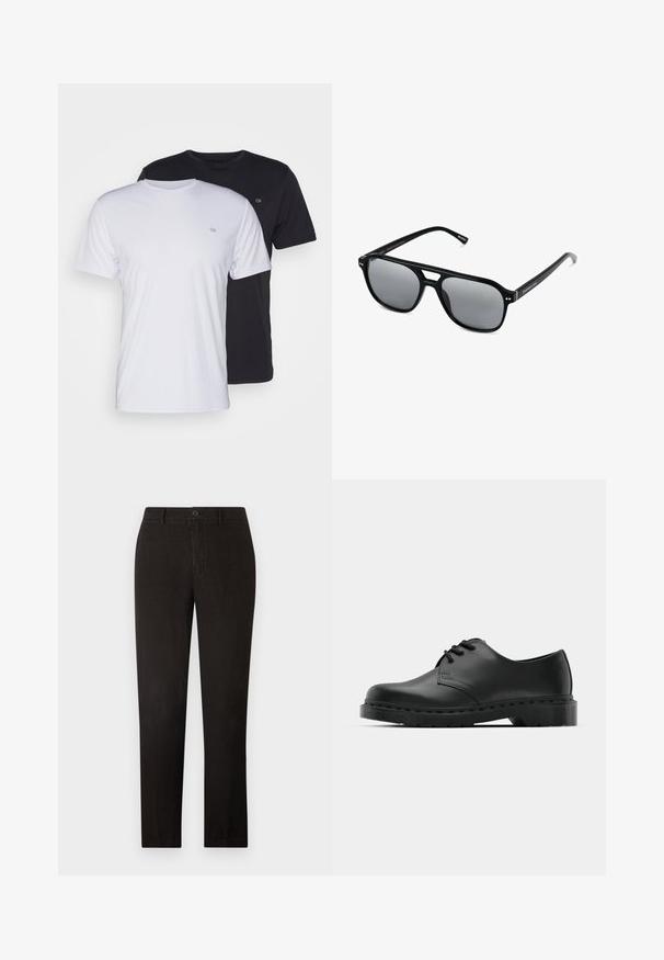 Zwei Baumwoll-T-Shirts in Weiß und Schwarz, kurzärmlig mit Rundhalsausschnitt, mit einem kleinen Logo auf der Brust, glatte Textur.; 120% Lino MEN PANT - Stoffhose - black; Schwarze Leder-Oxford-Schuhe mit Schnürdesign, runder Zehenform, flacher Gummisohle und subtilen Nähten entlang des oberen Teils.; Schwarze Sonnenbrille mit rechteckigen Rahmen, grauen getönten Gläsern und einer Aussparung im Nasensteg. Schlanker, glänzender Kunststoff, mit schmalen Bügeln.