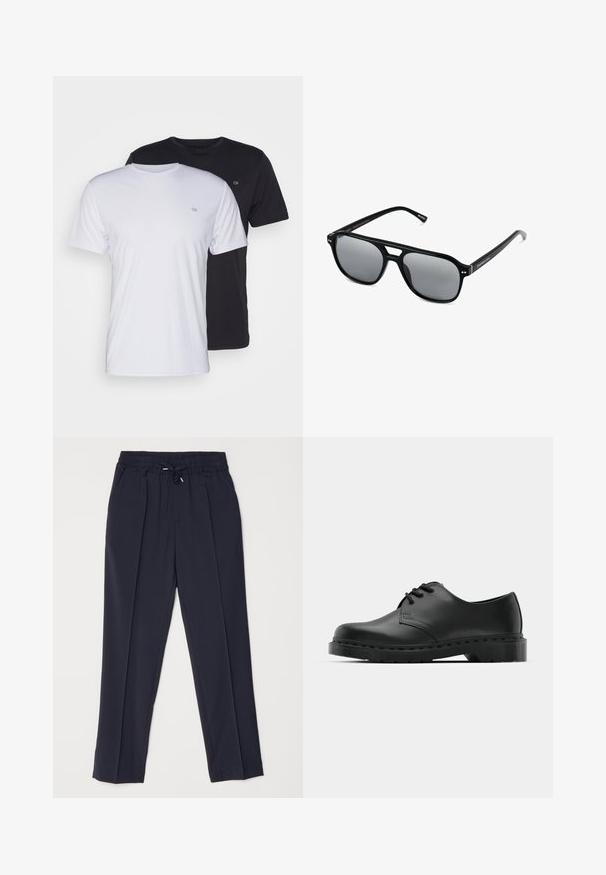 Twee katoenen t-shirts in het wit en zwart, met korte mouwen en ronde halsen, voorzien van een klein logo op de borst, met een soepele textuur.; Marineblauwe broeken met een elastische tailleband en koord. Voorzien van twee voorplooien en taps toelopende benen voor een gestructureerd silhouet.; Zwarte leren oxford schoenen met vetersluiting, ronde neus, platte rubberen zool en subtiele stiksel details langs het bovenwerk.; Zwarte zonnebril met rechthoekige montuur, grijs getinte glazen en een uitgesneden ontwerp bij de neusbrug. Strak, glanzend kunststof materiaal met smalle veren.