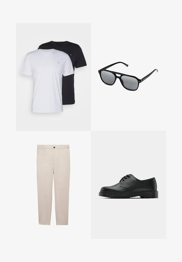 To bomulds t-shirts i hvid og sort, kortærmede med rund hals, med et lille logo på brystet, glat tekstur.; Mango Chino - off-white; Sorte læder oxford-sko med snørebåndsdesign, rund tå, flad gummisål og subtil syning langs overdelen.; Sorte solbriller med rektangulære rammer, gråt tonede linser og en broudskæring design. Slankt, glat plastmateriale med smalle stænger.