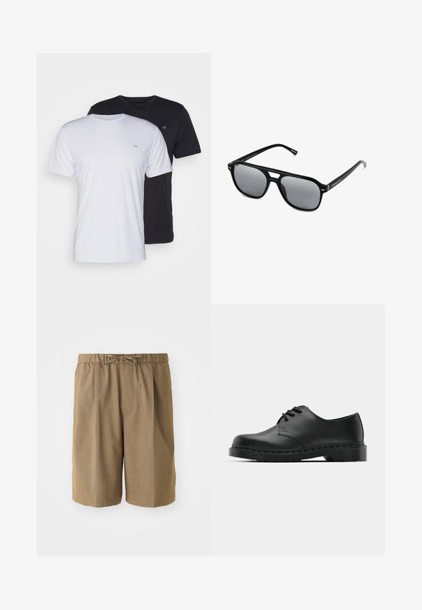 Kaksi puuvillan t-paitaa, valkoinen ja musta, lyhythihaiset ja pyöreällä kaula-aukolla, joissa on pieni logo rinnassa, sileä pinta.; Ruske hameet, jotka on pleatattu ja joissa on joustava vyötärö sekä säädettävä nyöri. Valmistettu sileästä, kevyestä kankaasta, jossa on suorat lahkeet.; Musta nahkainen oxford-kengät, joissa on nauhakiinnitys, pyöreä kärki, litteä kumipohja ja hillitty ompelutaito yläosassa.; Mustat aurinkolasit suorakulmaisilla kehyksillä, harmaasävyisillä linsseillä ja siltaleikkauksella. Tyylikäs, kiiltävä muovimateriaali, kapeilla temppeleillä.