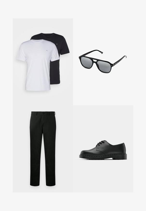 Dvé bavlněné trička, jedno bílé a jedno černé, s krátkým rukávem a kulatým výstřihem, s malým logem na hrudi, hladká textura.; Černé kalhoty rovného střihu se zapínáním na knoflík a zip, poutky na opasek a hladkým, jednobarevným povrchem.; Černé kožené oxfordy s šněrováním, zakulacenou špičkou, plochou gumovou podrážkou a jemným prošíváním podél svršku.; Černé sluneční brýle s obdélníkovými rámy, šedými tónovanými skly a designem s výřezem ve střední části. Hladký, lesklý plastový materiál, s úzkými stranami.