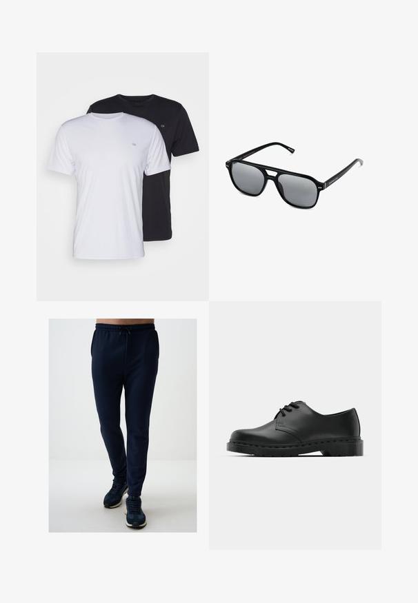 Due magliette in cotone, una bianca e una nera, a maniche corte con scollo tondo, caratterizzate da un piccolo logo sul petto e una trama liscia.; Pantaloni della tuta navy con vita elastica e cordoncino regolabile, dotati di tasche laterali, fit affusolato e tessuto morbido. Abbinati a sneakers.; Scarpa oxford in pelle nera con design con lacci, punta arrotondata, suola piatta in gomma e dettagli di cucitura discreti lungo la parte superiore.; Occhiali da sole neri con montatura rettangolare, lenti grigie oscurate e design con intaglio sul ponte. Materiale plastico lucido e slanciato, con tempie sottili.