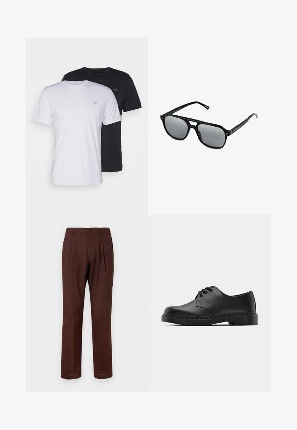 Två bomullströjor i vitt och svart, kortärmad med rund hals, med en liten logotyp på bröstet, slät textur.; Bruna, veckade byxor i texturerad tyg. Har knäppning med knapp och en avslappnad passform som smalnar något mot anklarna.; Svart lädersko i oxford-stil med snörningsdesign, rund tå, platt gummisula och subtila sömdetaljer längs ovandelen.; Svarta solglasögon med rektangulära bågar, gråtonade linser och en design med urtag i näsbryggan. Slank, glänsande plastmaterial, med smala skalmar.
