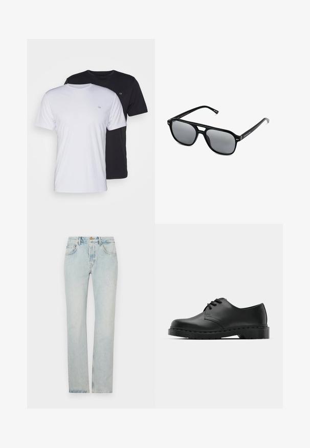 Dos camisetas de algodón en blanco y negro, de manga corta y cuello redondo, con un pequeño logo en el pecho, de textura suave.; Jeans de denim azul claro con corte recto, diseño de cinco bolsillos y cremallera. La tela presenta un ligero desgaste para un aspecto usado.; Zapato oxford de cuero negro con diseño de cordones, punta redonda, suela de goma plana y un sutil detalle de costura en la parte superior.; Gafas de sol negras con montura rectangular, lentes ahumados grises y diseño con corte en el puente. Material plástico brillante y elegante, con varillas estrechas.
