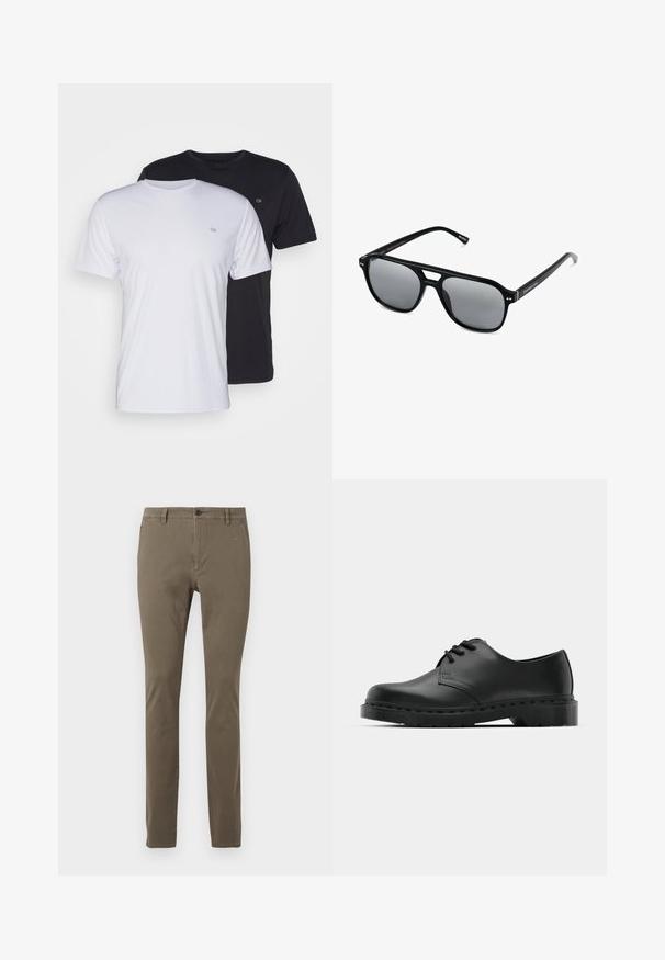 Twee katoenen t-shirts in het wit en zwart, met korte mouwen en ronde halsen, voorzien van een klein logo op de borst, met een soepele textuur.; Slim-fit kaki broek met riemlussen, zichtbare knoop, ritssluiting en zijzakken, weergegeven op een witte achtergrond.; Zwarte leren oxford schoenen met vetersluiting, ronde neus, platte rubberen zool en subtiele stiksel details langs het bovenwerk.; Zwarte zonnebril met rechthoekige montuur, grijs getinte glazen en een uitgesneden ontwerp bij de neusbrug. Strak, glanzend kunststof materiaal met smalle veren.