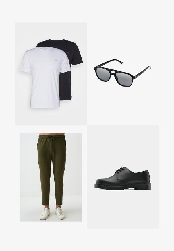 Twee katoenen t-shirts in het wit en zwart, met korte mouwen en ronde halsen, voorzien van een klein logo op de borst, met een soepele textuur.; Olijfgroene joggers gemaakt van zachte stof, met een elastische tailleband met trekkoord, tapse pasvorm en zijzakken.; Zwarte leren oxford schoenen met vetersluiting, ronde neus, platte rubberen zool en subtiele stiksel details langs het bovenwerk.; Zwarte zonnebril met rechthoekige montuur, grijs getinte glazen en een uitgesneden ontwerp bij de neusbrug. Strak, glanzend kunststof materiaal met smalle veren.