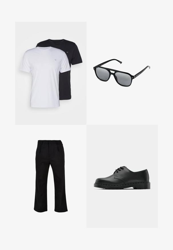 Dwie bawełniane koszulki w kolorze białym i czarnym, z krótkim rękawem i okrągłym dekoltem, z małym logo na piersi, o gładkiej fakturze.; Czarne spodnie proste z guzikową i zamkową zapięciem, szlufkami na pasek oraz bocznymi kieszeniami, na białym tle.; Czarne skórzane półbuty oxford z zapięciem na sznurowadła, zaokrąglonym noskiem, płaską gumową podeszwą oraz subtelnym przeszyciem na cholewce.; Czarne okulary przeciwsłoneczne z prostokątnymi oprawkami, szarymi soczewkami i wycięciem w mostku. Gładki, błyszczący materiał plastikowy, z wąskimi zausznikami.