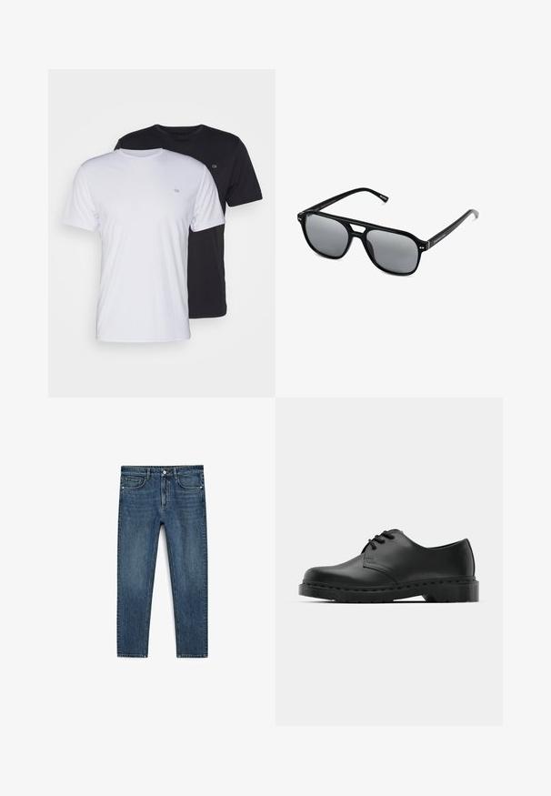 To bomulds t-shirts i hvid og sort, kortærmede med rund hals, med et lille logo på brystet, glat tekstur.; Blå denimjeans med lige ben-design, der har frontlommer og lynlås. Stoffet har en medium vask med subtil falmning.; Sorte læder oxford-sko med snørebåndsdesign, rund tå, flad gummisål og subtil syning langs overdelen.; Sorte solbriller med rektangulære rammer, gråt tonede linser og en broudskæring design. Slankt, glat plastmateriale med smalle stænger.