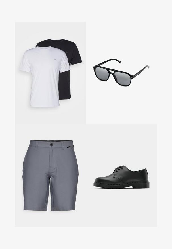 Dos camisetas de algodón en blanco y negro, de manga corta y cuello redondo, con un pequeño logo en el pecho, de textura suave.; Pantalones cortos grises con una textura suave, que presentan un cierre de botón y trabillas para cinturón, diseñados para un ajuste entallado y un corte a la altura de la rodilla.; Zapato oxford de cuero negro con diseño de cordones, punta redonda, suela de goma plana y un sutil detalle de costura en la parte superior.; Gafas de sol negras con montura rectangular, lentes ahumados grises y diseño con corte en el puente. Material plástico brillante y elegante, con varillas estrechas.
