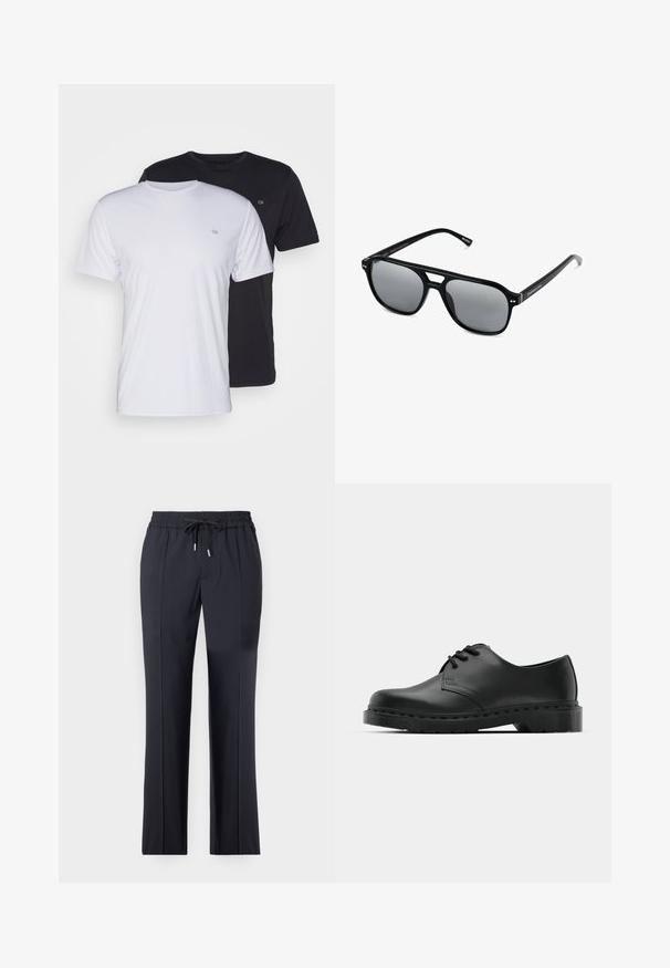 Zwei Baumwoll-T-Shirts in Weiß und Schwarz, kurzärmlig mit Rundhalsausschnitt, mit einem kleinen Logo auf der Brust, glatte Textur.; Schwarze, dehnbare Hosen mit elastischem Bund und Kordelzug. Gerader Schnitt mit Seitentaschen und glatter, weicher Textur.; Schwarze Leder-Oxford-Schuhe mit Schnürdesign, runder Zehenform, flacher Gummisohle und subtilen Nähten entlang des oberen Teils.; Schwarze Sonnenbrille mit rechteckigen Rahmen, grauen getönten Gläsern und einer Aussparung im Nasensteg. Schlanker, glänzender Kunststoff, mit schmalen Bügeln.