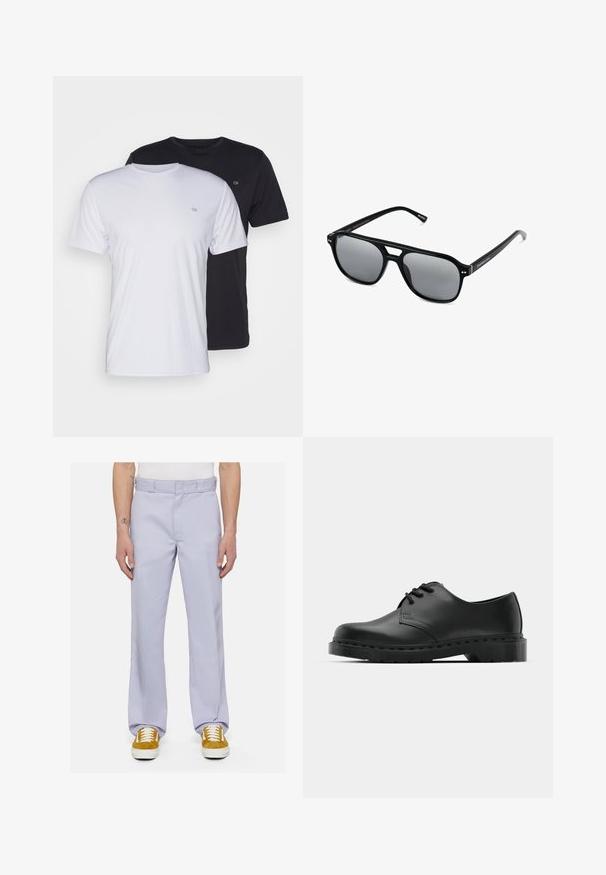 Twee katoenen t-shirts in het wit en zwart, met korte mouwen en ronde halsen, voorzien van een klein logo op de borst, met een soepele textuur.; Licht paarse broek gemaakt van gladde stof, met een rechte pijp, gestikte tailleband en minimalistisch ontwerp, gecombineerd met witte sneakers.; Zwarte leren oxford schoenen met vetersluiting, ronde neus, platte rubberen zool en subtiele stiksel details langs het bovenwerk.; Zwarte zonnebril met rechthoekige montuur, grijs getinte glazen en een uitgesneden ontwerp bij de neusbrug. Strak, glanzend kunststof materiaal met smalle veren.