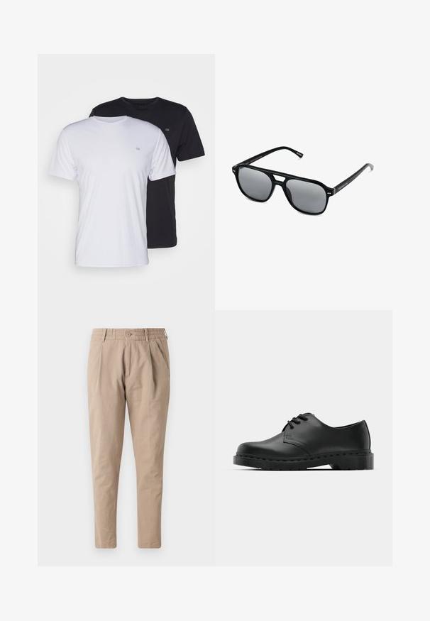 Twee katoenen t-shirts in het wit en zwart, met korte mouwen en ronde halsen, voorzien van een klein logo op de borst, met een soepele textuur.; Beige katoenen broek met een ontspannen pasvorm, elastische tailleband, knoopsluiting en zijzakken. Gladde textuur en taps toelopend ontwerp van de pijpen.; Zwarte leren oxford schoenen met vetersluiting, ronde neus, platte rubberen zool en subtiele stiksel details langs het bovenwerk.; Zwarte zonnebril met rechthoekige montuur, grijs getinte glazen en een uitgesneden ontwerp bij de neusbrug. Strak, glanzend kunststof materiaal met smalle veren.