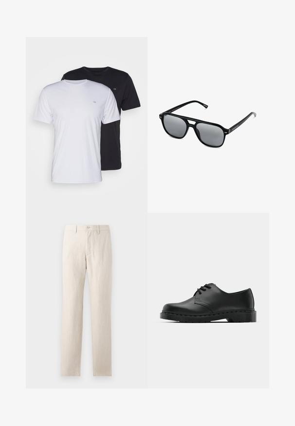 Due magliette in cotone, una bianca e una nera, a maniche corte con scollo tondo, caratterizzate da un piccolo logo sul petto e una trama liscia.; Pantaloni in lino beige con design a gamba dritta, dotati di chiusura con bottone, tasche anteriori e posteriori e una trama liscia.; Scarpa oxford in pelle nera con design con lacci, punta arrotondata, suola piatta in gomma e dettagli di cucitura discreti lungo la parte superiore.; Occhiali da sole neri con montatura rettangolare, lenti grigie oscurate e design con intaglio sul ponte. Materiale plastico lucido e slanciato, con tempie sottili.