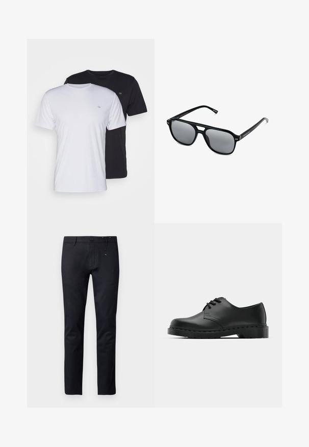 Två bomullströjor i vitt och svart, kortärmad med rund hals, med en liten logotyp på bröstet, slät textur.; Svart bomullsbukser med rak benmodell, bälteshällor och knappstängning. Har subtila sömdetaljer nära midjan.; Svart lädersko i oxford-stil med snörningsdesign, rund tå, platt gummisula och subtila sömdetaljer längs ovandelen.; Svarta solglasögon med rektangulära bågar, gråtonade linser och en design med urtag i näsbryggan. Slank, glänsande plastmaterial, med smala skalmar.
