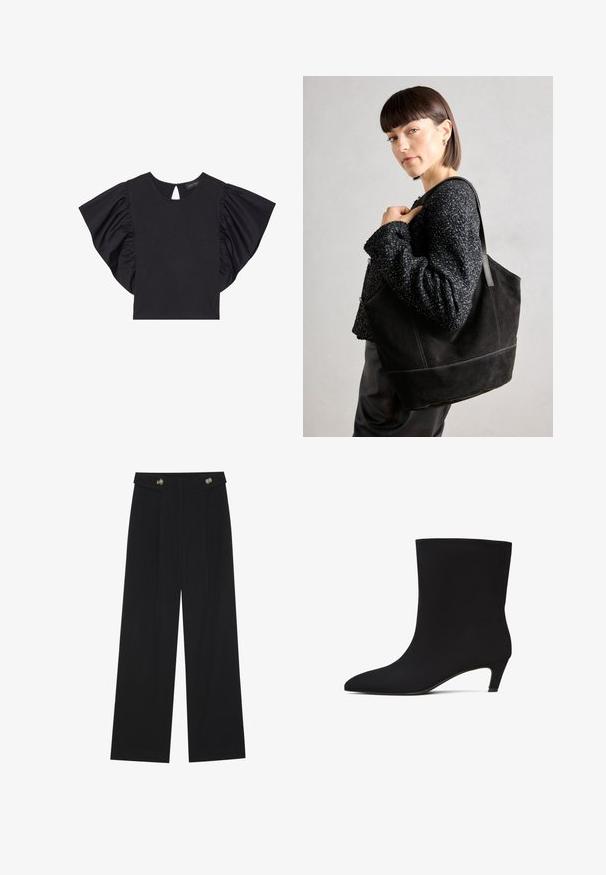 Fekete, rövid ujjú felső, drámai fodrokkal a vállain, kerek nyakkivágással és kulcslyuk részlettel a hátsó részen. Puha anyag.; Fekete, bő szárú nadrág magas derékkal, gombos részletekkel a derékrészen és elülső pliszékkal.; Fekete bokacsizma sima, elegáns textúrával, hegyes orral és alacsony, kiscicás sarokkal. Zökkenőmentes kivitel, látható szerelvények vagy minták nélkül.; Fekete, velúr anyagú tote táska sima felülettel, strukturált formával és kontrasztos varrással. Hosszú pántjai lehetővé teszik a vállon való hordást.