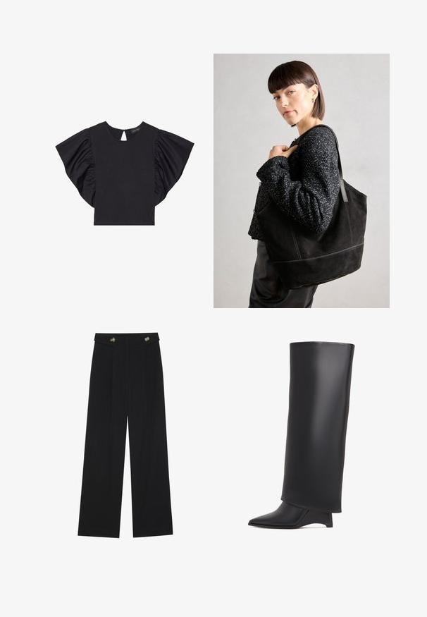 Top scurt negru cu mâneci rulate dramatice, guler rotund și detaliu tip cheie la spate. Material moale.; Pantaloni negri cu picioare largi, talie înaltă, detalii cu butoane pe talie și pliseuri în față.; Cizmă neagră până la genunchi, realizată din piele netedă, cu vârf ascuțit și toc triunghiular. Concepută cu un upper elegant și neted.; Geantă tote din suede negru, cu o textură netedă, formă structurată și cusături contrastante. Dispune de bretele lungi pentru purtare pe umăr.