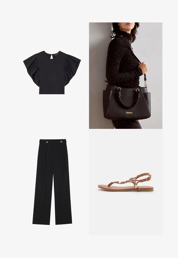 Černý top s krátkým rukávem s dramatickými volánovými rukávy, kulatým výstřihem a detailem ve tvaru klíčové dírky na zadní straně. Měkký materiál.; Černé široké kalhoty s vysokým pasem, detailní knoflíky na pase a přední záhyby.; Hnědé kožené ploché sandály s pleteným designem, tenkými pásky, zlatými kovovými doplňky a pohodlnou podešví. Styl s otevřenou špičkou.; Černá kabelka s texturovaným povrchem, dvojitými horními uchy a nastavitelným ramenním popruhem. Obsahuje zlaté kovové prvky a boční kapsy.