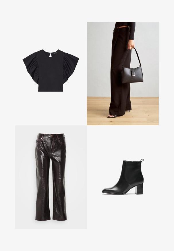 Haut noir à manches courtes avec des manches à volants spectaculaires, un col rond et un détail en forme de clé à l'arrière. Matière douce.; Jean large en velours bordeaux brillant avec une finition brillante, coutures roses contrastantes, poches avant et fermeture à bouton à la taille.; Bottes noires en cuir à hauteur de cheville avec un bout arrondi, un talon bloc de hauteur moyenne et une languette à l'arrière. Texture lisse, design minimal.; Sac à main noir à la forme structurée, texture lisse et fermoir métallique. Associé à un pantalon noir ample et des sandales ouvertes sur un sol en bois.