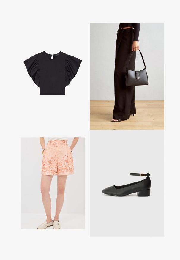 Sort bluse med korte ærmer, der har dramatiske flæser, en rund halsudskæring og en nøglehulldetalje bagpå. Blødt materiale.; Blomsterede, koralfarvede shorts med fold og rullede kanter. Lavet af et let stof, der har to sidelommer for bekvemmelighed.; Sorte læderpumper med spids tå og en lav blokhæl. Har en ankelrem med en guldfarvet spænde. Glat tekstur.; Sort håndtaske med struktureret form, glat overflade og metalspænde. Sammen med brede sorte bukser og sandaler med åben tå på trægulv.