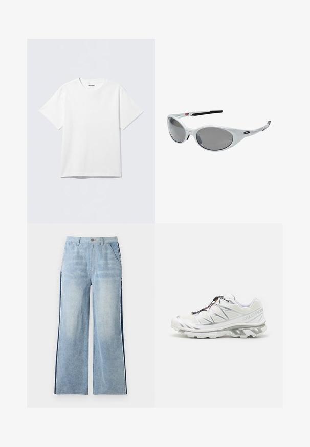 Baltas trumpomis rankovėmis medvilninis marškinėlis, su apvalia kaklo iškirpte ir laisvu kirpimu. Audinys yra lygus ir vientisos tekstūros.; Šviesiai mėlyni džinsai plačiomis kojomis su tamsiai mėlynomis šoninėmis juostelėmis, brutaliu kraštu, priekinėmis kišenėmis ir sagčių uždarymu juosmenyje.; Baltas sportinis batelis su tekstūruotu viršumi, atspindinčiais akcentais ir pilka pado spalva. Yra ryškiai akcentuoti trikampiai raštai ir greito užrišimo sistema.; Baltos plastikinės saulės akiniai su dideliais ovaliais objektyvais, pilkai nudažyti. Turime juodas ausis laikančias dalis ir mažą logotipą ant rėmelio. Lygus paviršius.