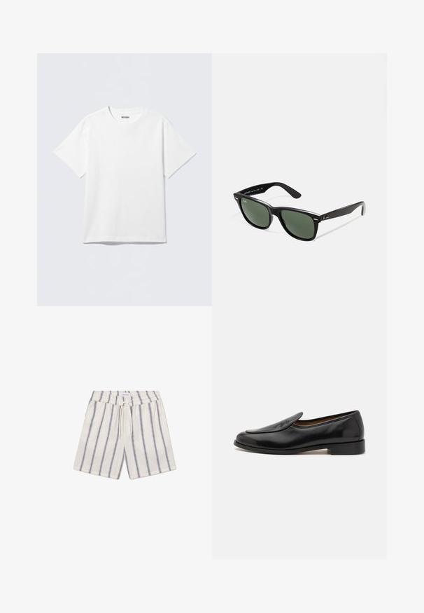 Bijela majica kratkih rukava od pamuka, s okruglim izrezom i opuštenim krojem. Tkanina ima glatku, ravnomjernu teksturu.; Pamučne kratke hlače u krem boji s mornarskoplavim okomitim prugama. Imaju elastični pojas i dršku za prilagodljivo stajanje.; Crni kožni mokasini s glatkom površinom, zaobljenim vrhom, niskom petom i bočnim prorezima za jednostavno obuvanje. Imaju suptilan detalj logotipa sprijeda.; Crne plastične sunčane naočale s zelenim staklima, kvadratni okviri, srebrni naglasak na obrvi i teksturirane ručke. Naziv brenda naveden na unutrašnjoj strani ručke.; Set od pet metalnih prstenova različitih širina. Prstenovi imaju glatku, poliranu površinu i ujednačenu srebrnu boju.