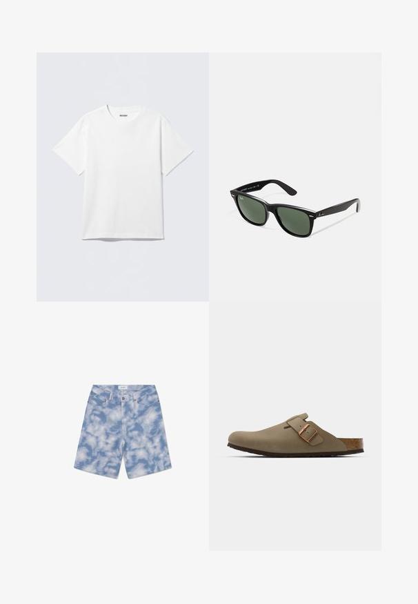 Hvit T-skjorte med korte ermer laget av bomull, med rund hals og en avslappet passform. Stoffet har en glatt og jevn tekstur.; Lyseblå denimshorts med et sky-mønster. Laget av bomull, har de en klassisk fem-lomme design og knapplukking.; Brune tresko med en jevn, matte overflate. Har en fremtredende bronsebelte på siden. Korkfotseng og gummisåle for komfort.; Sorte plast-solbriller med grønne linser, firkantede rammer, sølvdetalje på brynene, og teksturerte stangarmen. Angitt merke på indre arm.