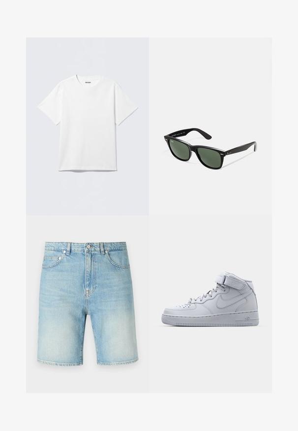 Valge lühikeste varrukatega puuvillane T-särk, millel on ümarsärk ja lõdvestunud lõige. Kangas on sile ja ühtlase tekstuuriga.; Heledad sinine teksapükste lühikesed püksid, klassikalise viie taskuga disain, nupukinnitus ja kerge kulumise tekstuur kangal.; Halluxi hallid hallid Nike Air Force 1 tossud, nahast pealisega, pehmendatud krae ja Velcro rihm. Ikooniline disain sisaldab perforatsiooniga varbakohta.; Mustad mustan plastiku prillid roheliste läätsedega, ruudukujulised raamid, hõbedane aksent kulmude peal ja tekstuuriga tempelkäed. Brändi nimi on märgitud sisevarrele.