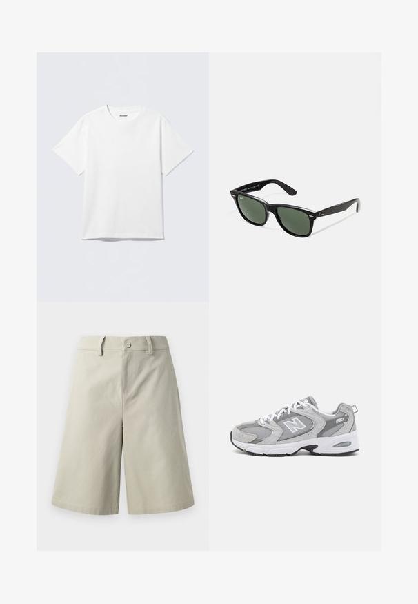 T-shirt branca de manga curta em algodão, com gola redonda e corte descontraído. O tecido apresenta uma textura suave e uniforme.; Calções bejes claros feitos de algodão, com corte reto, bolsos frontais, fecho com botão e uma textura suave.; Tênis atléticos cinzentos com um cabedal em malha e camurça, atacadores brancos e sola preta. Apresenta um proeminente logótipo "N" e colarinho acolchoado.; Óculos de sol de plástico preto com lentes verdes, armações quadradas, detalhe prateado na sobrancelha e hastes texturizadas. Marca indicada na parte interna da haste.