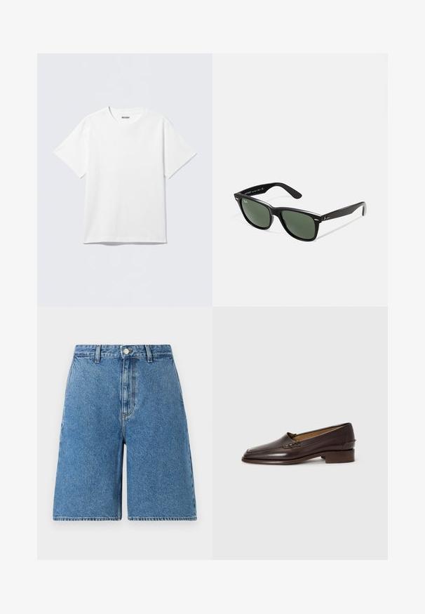 Valge lühikeste varrukatega puuvillane T-särk, millel on ümarsärk ja lõdvestunud lõige. Kangas on sile ja ühtlase tekstuuriga.; Sinine denimist lühikesed püksid, millel on kõrge vöökoht, esine nupuga kinnitamine, küljetaskud ja sirge sääre disain.; Pruunist nahast loaferid, millel on veidi terav nenä, madal kaunistatud konts ja dekoratiivne tikand peal. Sile tekstuur, minimalistlik disain.; Mustad mustan plastiku prillid roheliste läätsedega, ruudukujulised raamid, hõbedane aksent kulmude peal ja tekstuuriga tempelkäed. Brändi nimi on märgitud sisevarrele.