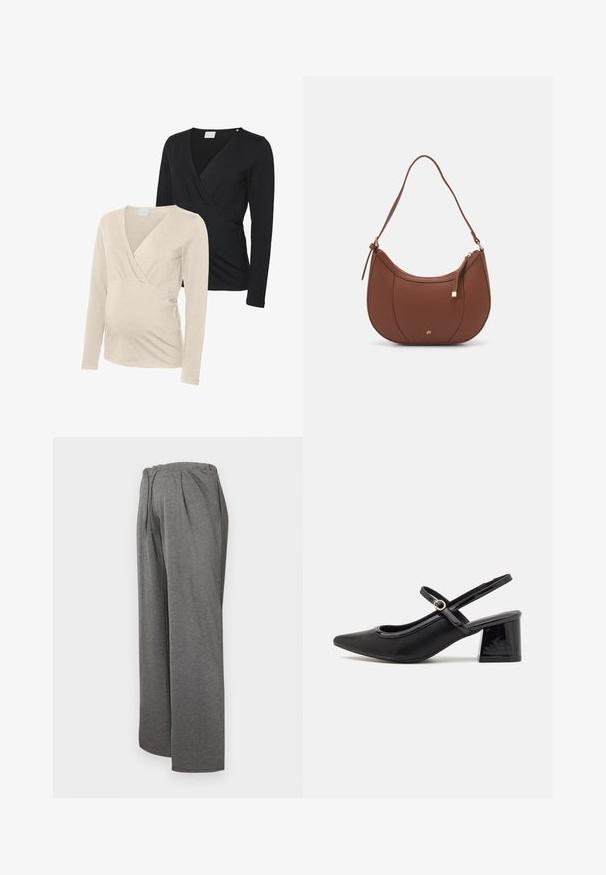 Kaks pika varrukaga rasedate toppi, kreemikas ja mustas toonis. Mõlemal on V-kaelus ja pehme kangas, mis tagab mugavuse ja venivuse.; Hallide, laiad hallid püksid, mis on valmistatud pehmest ja kergest kangast. Omavad elastset vööd ja ees olevaid volduseid, mis tagavad mugava istuvuse.; Mustad läikivad nahast slingback-kõrged kontsad, millel on terav nina, ümar lõikekujundus ja blokknina. Omab kuldset nupu aktsenti.; Pruun faux nahast õlaline kott, millel on kaarjas kuju, minimaalne õmblemine ja kuldse tooni metallist aksessuaar. Omab ülemist tõmblukku ja reguleeritavat rihma.