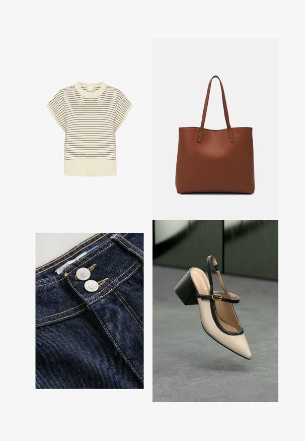 Črtasta kratkoročna majica v odtenkih smetane in mornarske modre, izdelana iz mehkega pletenega materiala. Ima okroglo ovratnico in spuščene ramena.; Temno modri jeansi iz denima prikazujejo bližnji pogled na pas z dvema kovinskima gumboma, kontrastnim zlatim šivom in teksturirano površino tkanine.; Bežna slingback čevlja z uskim sprednjim delom, črnimi detajli, zlatim zaponko in debelim blokovskim peto na sivi tleh s temno zeleno ozadje.; Rjava usnjena torba z gladko teksturo, odprto zasnovo zgoraj in dvema naramnima trakovoma. Opremljena je z minimalnim šivanjem in brez vidnih kovinskih delov.