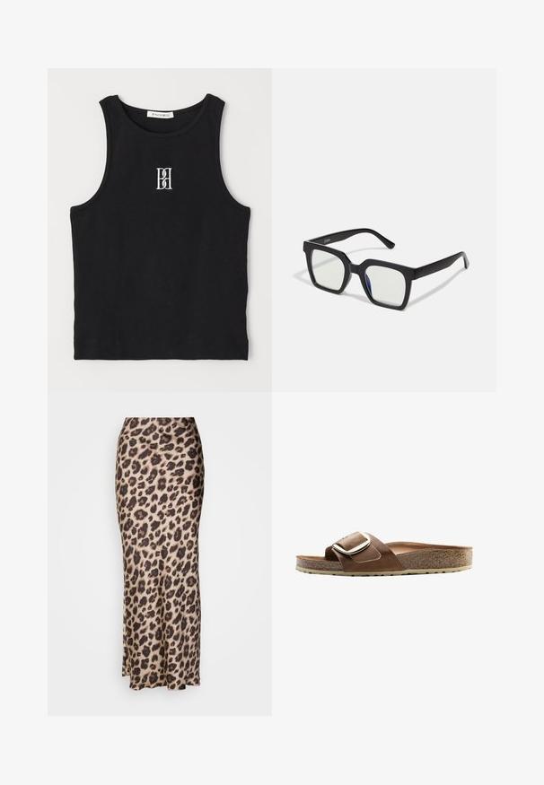 Black ribbed tank top featuring a round neckline and embroidered logo in white. Fabric has a smooth texture with a fitted shape.; Leopard print midi skirt in smooth satin fabric. Features a fitted silhouette with a slight slit at the hem for movement. Neutral beige and brown.; Brown leather slide sandal with a wide strap, a metal buckle accent, and a contoured cork footbed on a textured rubber sole.; Black square sunglasses with a matte finish, featuring transparent lenses and a slight blue tint on one side. Robust, angular design.