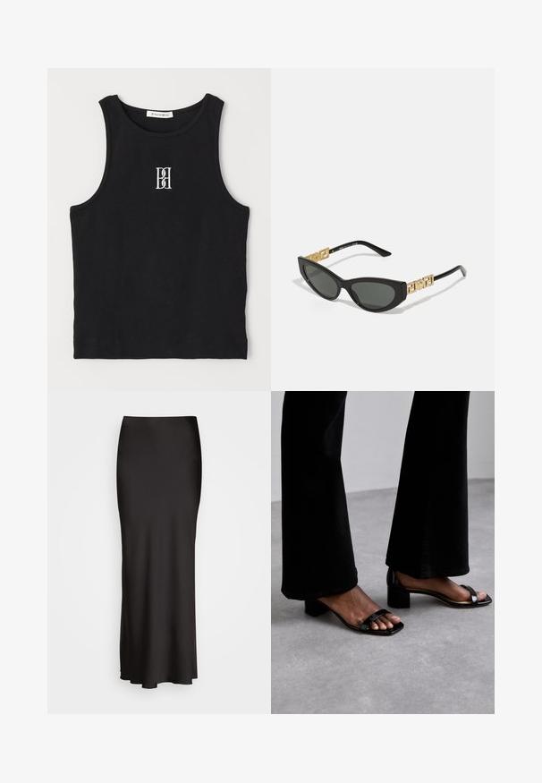 Débardeur côtelé noir avec un col rond et un logo brodé en blanc. Présente une silhouette ajustée et un ourlet droit et net.; Jupe en satin noire, longue jusqu'au sol, avec une texture lisse, une taille ajustée et une silhouette en A, sans ornements ni motifs visibles.; Stuart Weitzman NUDISTCURVE - Sandales - black; Lunettes de soleil en forme de chat noir avec des verres foncés, présentant des accents géométriques dorés sur les tempes et une finition mate élégante.