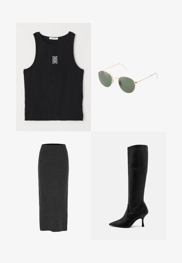 Zwarte geribbelde tanktop met een ronde halslijn en een geborduurd logo in het wit. De stof heeft een gladde textuur met een aansluitende pasvorm.; Gebreide kokerrok in donkergrijs, middelmatig van lengte met een aansluitende pasvorm, een soepele textuur en een elastische tailleband voor comfort.; Stuart Weitzman Laarzen - black; Gouden metalen zonnebril met groene lenzen, ronde vorm, dunne pootjes en witte plastic accenten op de uiteinden van de steunen.