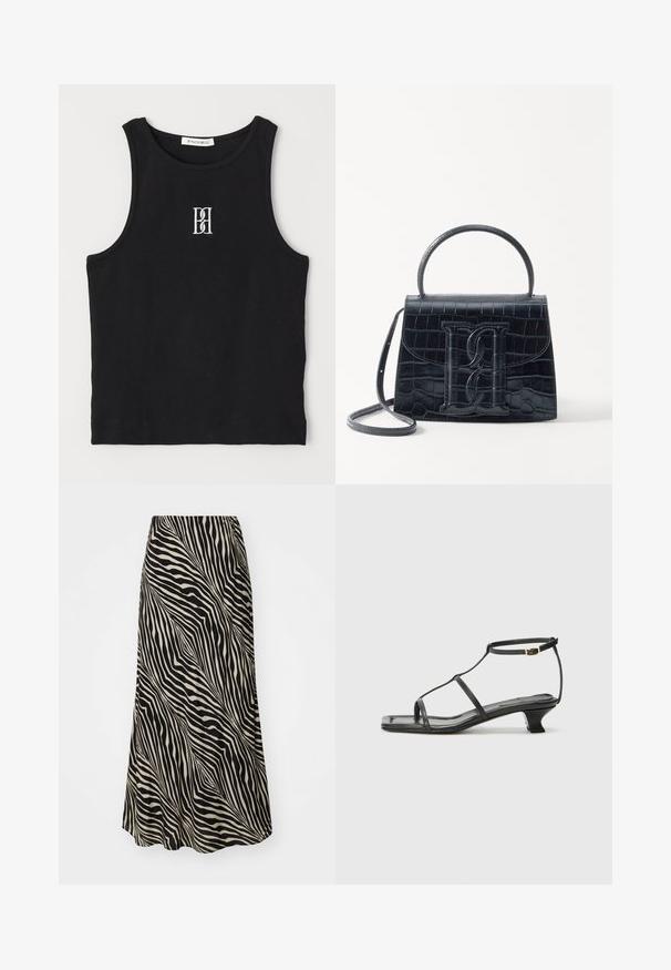Čierny rebrový tielko s okrúhlym výstrihom a vyšitým logom v bielej farbe. Materiál má hladkú textúru a priliehajúci strih.; Sukňa strednej dĺžky vyrobená z hladkej tkaniny s čierno-bežným vlnitým pruhovaným vzorom, ktorá sa jemne rozširuje od pásu k lemovaniu.; Čierna kožená sandála so štvorcovou špičkou, tenkými popruhmi, nastaviteľným pásikom okolo členka a nízkym podpätkom. Obsahuje malý zlatý akcent na popruhu.; Čierna kabelka z krokodílovej embosovanej kože so štruktúrovaným dizajnom, horným uchom, nastaviteľným popruhom a výrazným predným logom.