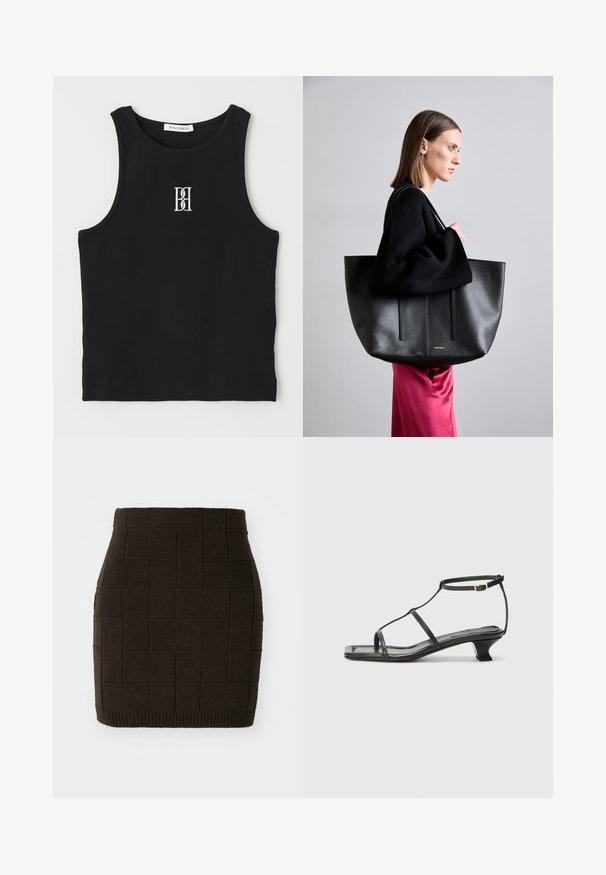 Top de tip tank black cu farfurie rotundă, având un logo brodat alb. Materialul are o textură netedă și o formă ajustată.; Fustă mini tricotată de culoare maro închis, cu un model texturat, țesut și talie ajustată. Marginile sunt ribbate pentru un plus de detaliu.; Sandelă din piele neagră cu vârf pătrat, curele subțiri, curea ajustabilă la gleznă și toc mic. Prezintă un mic accent auriu pe curea.; Geantă tote din piele neagră cu un finisaj texturat, având două linii verticale, bretele duble pentru umăr și un design minimalist.; Broșă de culoare aurie cu un design împletit, având linii netede și curbe și o formă complexă, ce reflectă un finisaj lucios.