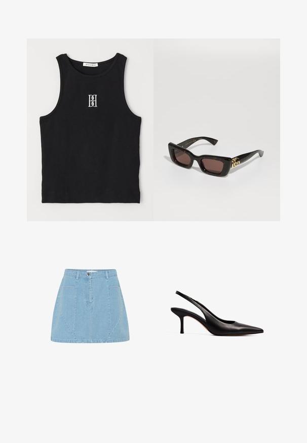 Musta ribbed-t-paita, jossa on pyöreä kaula-auko ja valkoisella brodeerattu logo. Kangas on sileä ja muoto on tiivis.; Vaaleansininen farkkuhame, jossa on korkea vyötärö, etutaskut ja hienovaraiset paneelit, varustettuna hopeisella napilla.; NA-KD Avokkaat - black; Mustat kilpikonnaruudulliset aurinkolasit, joissa on suorakulmaiset linssit, ruskea sävy, paksu kehys ja kultainen tupla-G-logo yksityiskohta templeissä.; Mustapohjainen nahkalaukku, jossa on sileä ja kiiltävä pinta, leveä ja kaareva kantokahva sekä hillitty etupuolen poimutus metallinapituksella.; Kultaiset renkaat korvakorut, joissa on kilpikonnakuosiset hartsireunat, sileä pinta ja tyylikäs, pyöreä muoto.