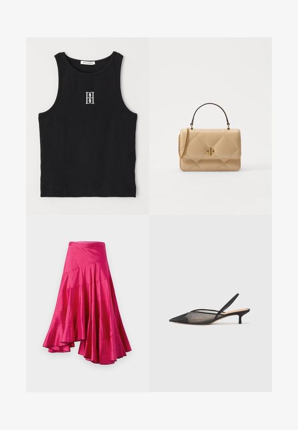 Schwarzes, geripptes Tanktop mit rundem Ausschnitt und besticktem Logo in Weiß. Der Stoff hat eine glatte Textur und eine körperbetonte Passform.; Magenta Satinrock mit ausgestellt geschnittenem Saum, der überlagerten Paneele und asymmetrischem Design. Glatte Textur und mittellange Passform.; NEOUS IRENA - Pumps - black; Gepolsterte beige Lederhandtasche mit goldenen Beschlägen, Kettenriemen und einem oberen Griff. Verfügt über einen vorderen Klappdeckel und ein charakteristisches Logodetail.
