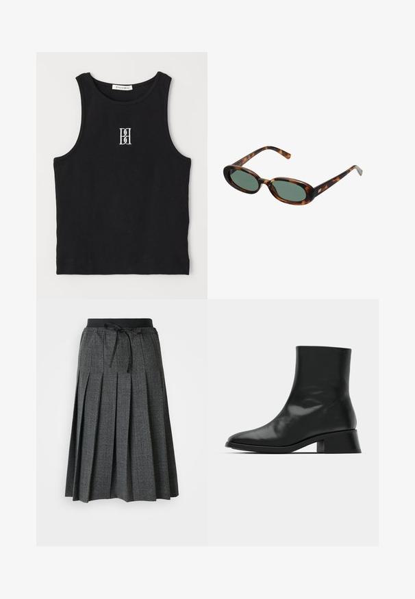 Schwarzes, geripptes Tanktop mit rundem Ausschnitt und weißem, gesticktem Logo. Es zeichnet sich durch eine taillierte Silhouette und einen sauberen, geraden Saum aus.; Grauer Faltenrock mit einem strukturierten Karomuster, ausgestattet mit einem schwarzen elastischen Taillenbund und einem dekorativen Bindebanddetail an der Vorderseite.; Schwarze Ankle Boots aus glänzendem Leder, mit einem eleganten Design, spitzer Zehenpartie und einem moderaten Blockabsatz für Stabilität.; Schildpatt-Sonnenbrille mit ovalen Rahmen und grünen Gläsern. Verfügt über dünne Bügel mit einem metallischen Akzent in der Nähe der Scharniere.