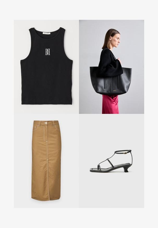 Juodas raštuotas lieknas marškinėliai su apvalia iškirpte ir balta siuvinėta logotipu. Medžiaga yra glotni su pritaikytu siluetu.; Ruda vidutinio ilgio sijonas iš tvirto audinio, su baltais siūlais, priekiniais mygtukais ir dviem šoniniais kišenėmis. Tiesios silueto dizainas.; Juodas odinis sandalai su kvadratiniu pirštu, plonomis dirželiais, reguliuojamu kulkšnies dirželiu ir žemu kulnu. Yra nedidelis aukso akcentas ant dirželio.; Juodas odinis rankinės modelis su tekstūruotu paviršiumi, turintis dvi vertikalias linijas, dvi petinių dirželių poras ir minimalistinį dizainą.