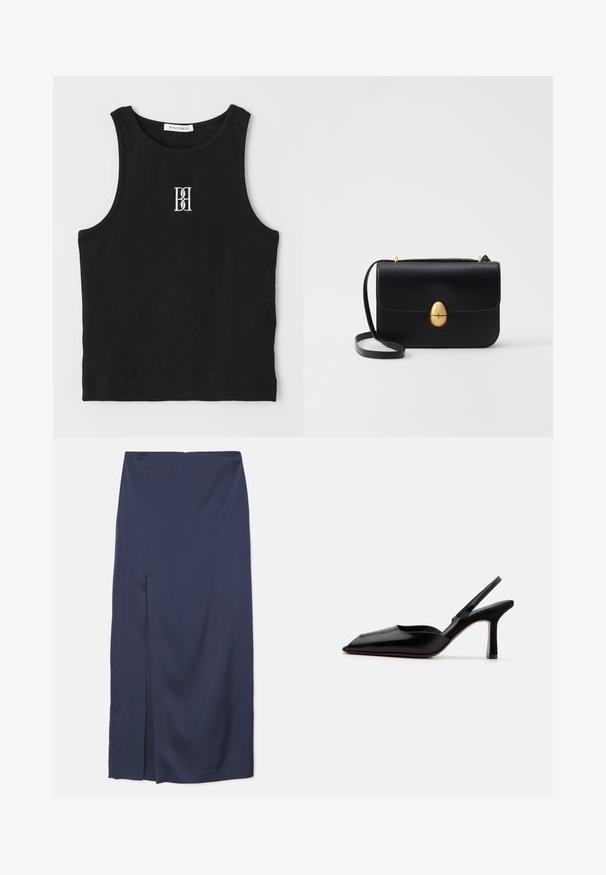 Fekete bordás trikó kerek nyakkivágással és fehér hímzett logóval. Az anyag sima tapintású, testhezálló formával.; Sötétkék midi szoknya sima anyagból, elülső részen nyílással, illeszkedő derékrésszel és drapált dizájnnal a szabad mozgás érdekében.; Fekete bőr szandál sarkú cipő hegyes orral, minimalist designnal, vékony bokapánttal és karcsú tűsarkúval. Sima textúra.; Fekete bőr kézitáska, struktúrált, téglalap alakú formával. Arany ovális kapoccsal és vékony vállpánttal rendelkezik. Sima textúrájú.