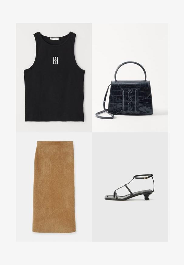 Fekete bordás trikó kerek nyakkivágással és fehér hímzett logóval. Az anyag sima tapintású, testhezálló formával.; Barna gyapjú ceruzaszoknya texturált, puha felülettel, egyenes szabással és közép hosszúsággal. Nincs látható záródás vagy minta.; Fekete bőr szandál, négyzet alakú orral, vékony pántokkal, állítható bokapánttal és alacsony sarokkal. A pánton egy kis arany dísz található.; Fekete krokodilbőr hatású kézitáska, amelynek strukturált kialakítása van, felső fogantyúval, állítható pánttal és egy kiemelkedő elülső logó részlettel.